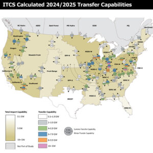 Transfer capabilities between FERC planning regions calculated by the ITCS team. 